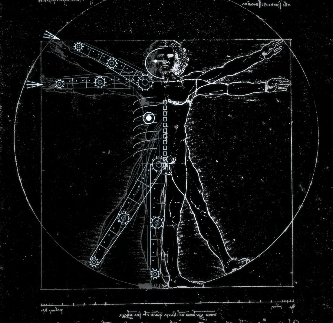 Leonardo's Vitruvian Man in white line on black